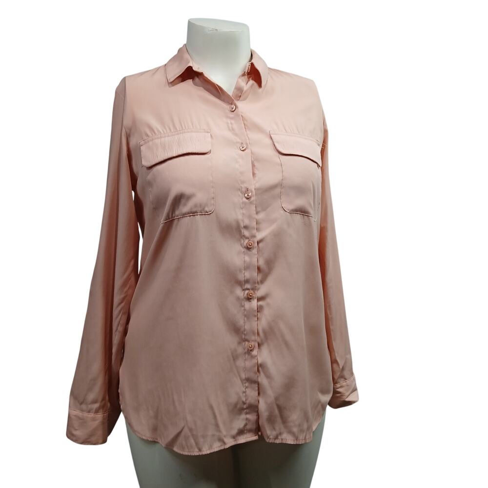 Express Womens Medium Peach Blush Button Front Shirt Long Sleeve Top